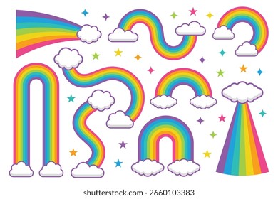 Rainbows With Clouds and Stars, Bright Multicolor Spectrum of Colors. Wide and Curved Shapes. Tall Arch and Low Wide Arches.