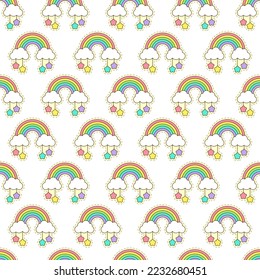 Arcoiris, nubes y estrellas. Patrón vectorial sin fisuras con adorables elementos de dibujos animados. Mejor para textiles, papel pintado y decoración de vivero.