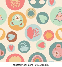 Rainbows, clouds, suns, raindrops, tents, hearts and buntings seamless repeat pattern on light yellow background for kids. The motifs are inside of circles. Suitable for clothes, nursery, fabric, home