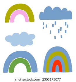 Rainbows, clouds vector illustration in scandinavian style.