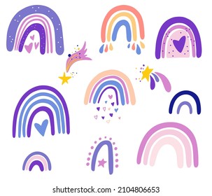 Rainbows collection. Baby rainbow with hearts, clouds, rain in the Scandinavian style. Perfect for kids, posters, prints, postcards, fabric. Vector cartoon Illustration