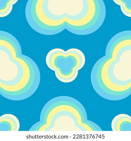 Rainbows color triple circle;  clouds  seamless pattern. Art Design for childhood kids. Graphic for Kitchenware, Dish, Glass, Kettle, Bowl, Apron, Bottle, Plate, Cup, Jar. Tile retro style. Vector.