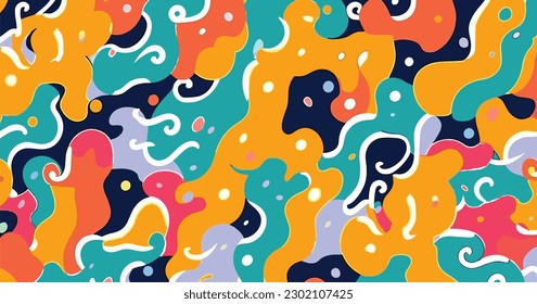 rainbows colored pattern seamless pattern for commercial and fashion design, in the style of free-flowing lines, jean arp, simplified figures, carnivalcore, squiggly line style, memphis design, classi
