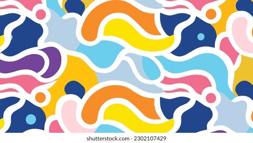 rainbows colored pattern seamless pattern for commercial and fashion design, in the style of free-flowing lines, jean arp, simplified figures, carnivalcore, squiggly line style, memphis design, classi