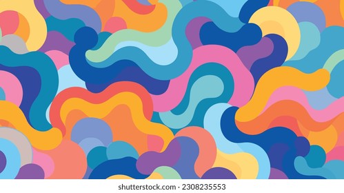 rainbows colored pattern seamless pattern for commercial and fashion design, in the style of free-flowing lines, jean arp, simplified figures, carnivalcore, squiggly line style, memphis design, classi