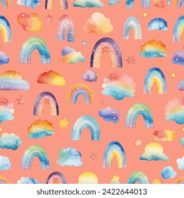 Arcos de lluvia, nubes de colores, estrellas, dibujos acuarelas, dibujos para niños, papel, textiles, tarjetas, ilustración, vector.
