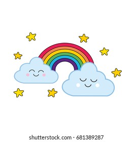 Rainbows and cute clouds with stars on white background