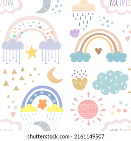 rainbows cute Vector hand drawn seamless pattern with fashion patches kawaii background 