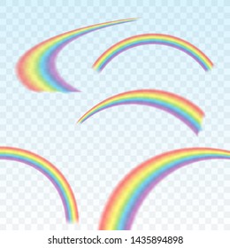 Rainbows in different shape realistic set on transparent. Vector stock illustration.