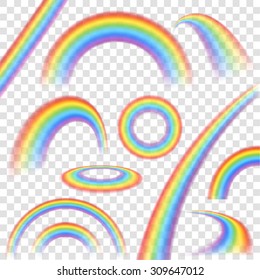  Rainbows in different shape realistic set on transparent background isolated vector illustration 