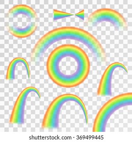Rainbows in different shape realistic set on transparent background isolated vector illustration 