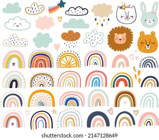 Rainbows and doodles collection. Summer trendy rainbows. Baby animals pattern. Illustrations for fabric design. Vector illustration with cute animals. Nursery baby pattern illustration
