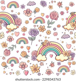 Rainbows, flowers seamless pattern with hearts and clouds. Cute kawaii magic vector repeated background with beautiful pastel abstract floral elements. Girl vintage sweet fantasy design