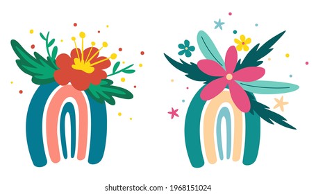 Rainbows with flowers set. Spring flowers, flowering branches, birds and butterflies. Good for poster, card, invitation, flyer, banner, placard, brochure. Vector illustration in cartoon style.