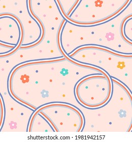 Rainbows and flowers vector seamless pattern. Groovy coloured lines simple daisy floral dots background. Modern positive childish hippie decorative print design. 
