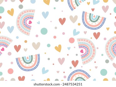 Regenbogen, Herzen, Kreise, nahtlose Muster, im skandinavischen Stil, geeignet für jede Kinderkleidung, um Spaß zu schaffen, moderne Einladungen für Geburtstage, Kinderfeste, Bildschirmhintergrund, Packpapier