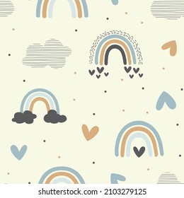 Rainbows and hearts pastel seamless pattern. Rainbow with clouds hand drawn doodle cute baby or kids print.