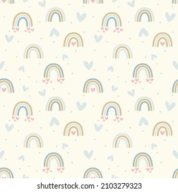Rainbows and hearts pastel seamless pattern. Rainbow hand drawn doodle cute baby or kids print.