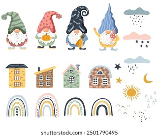 Rainbows, houses, gnomes. Set of elements, vector illustration. Children's illustration