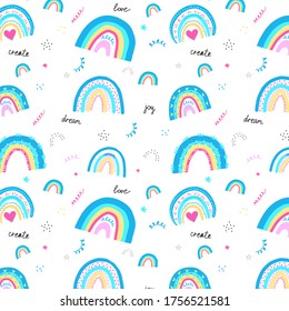 Rainbows Kindergewebe Muster. Vektorgrafik einzeln auf weißen, hellen Regenbögen mit handgeschriebener Schrift. 