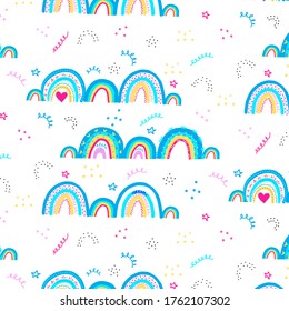 Rainbows kids fabric pattern. Vector isolated on white bright rainbows. 