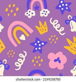 Rainbows modern greeting seamless pattern. Cute hand drawn childish seamless background with stars, dots, clouds, crowns for kids, children, girls, wrapping, packaging, cloth
