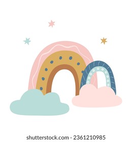 Rainbows on the clouds in the sky. Vector children's illustration. Template for poster, card, banner, fabric, wallpaper, clothing, paper.
