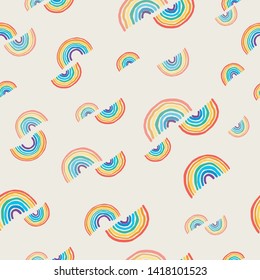 Rainbows pattern on beige background. Cute seamless pattern, cartoon vector illustration for fabric, background, wallpaper, scrapbooking projects for kids. Surface pattern design. 