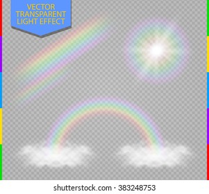 Rainbows realistic light effect set isolated on transparent background. Vector rainbow element for design. Transparent rainbow set. Rainbow with cloud. Arc rainbow.