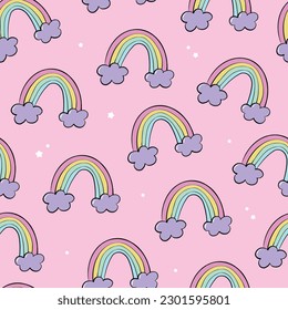 rainbows seamless pattern with doodles on pink background for nursery prints, wallpaper, scrapbooking, stationary, etc. EPS 10