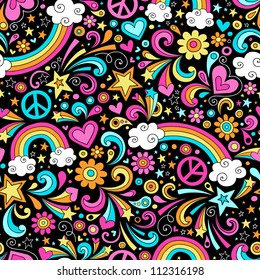 Rainbows Seamless Pattern Psychedelic Groovy Peace Notebook Doodle Design- Hand-Drawn Vector Illustration Background