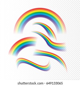 Rainbows set different shape realistic on transparent background. Vector isolated rainbow arch design concept.