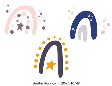 Rainbows set. Scandinavian and Boho style. Perfect for kids, posters, prints, cards, fabric. Girly vector cartoon illustration. Isolate on a white background.