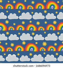 Rainbows Sky and Clouds Seamless Vector Pattern. Perfect for scrapbooking, wallpaper and fabric.