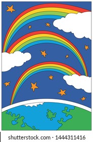 Rainbows in the Sky, Psychedelic Art Poster, 1960s, 1970s Style Hand Drawn Background