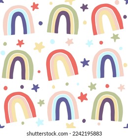 Rainbows and stars, seamless pattern with vector hand drawn illustrations with Scandinavian style