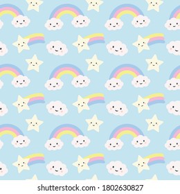 Rainbows and stars seamless repeat pattern design, colorful cute sky design