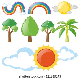 Rainbows and trees set illustration
