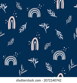 Rainbows and twigs seamless pattern. Ethnic abstract with rainbows and flowers, in a pastel range. Perfect for printing on paper, fabric, packaging, design or decor. Hand draw Vector illustration.