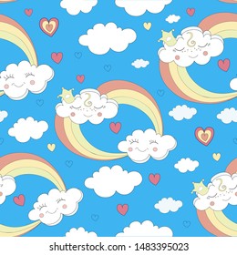 Rainbows and two  clouds,sweet kids graphics for t-shirts.Cartoon Vector Illustration, Pink Sky Background for Kid.