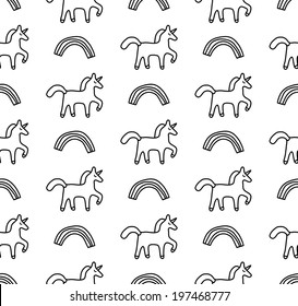 Rainbows and unicorns black and white seamless pattern (vector version)