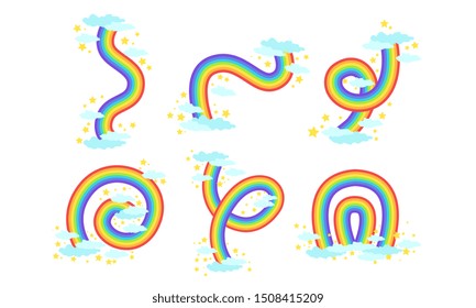 Rainbows of Various Shapes Collection, Bright Curved Rainbows in the Sky with louds Vector Illustration