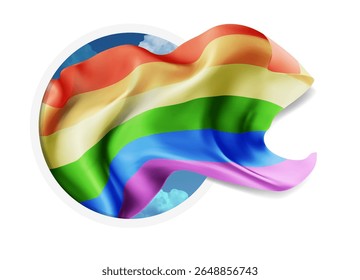 Rainbow,vector 3d flag against a blue sky, through a round hole on a white background