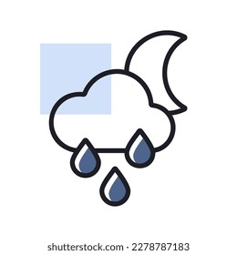 Raincloud with raindrops moon vector icon. Meteorology sign. Graph symbol for travel, tourism and weather web site and apps design, logo, app, UI