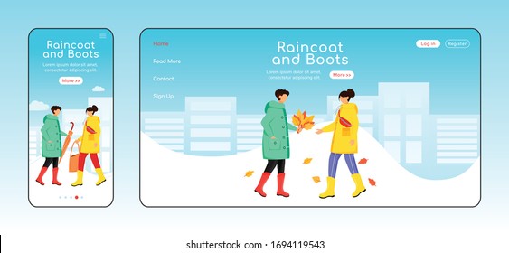 Raincoat and boots landing page flat color vector template. Mobile display. Rainwear homepage layout. Male with leaves one page website interface, cartoon character. Rainy day web banner, webpage
