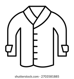 Capa de chuva com botões e mangas ícone linha fina, conceito de roupa de outono. Gráficos vetoriais. Jaqueta para homens, sinal de roupas no fundo branco, ícone de estilo de contorno para design móvel ou web