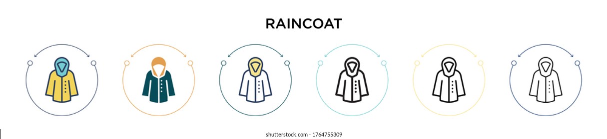 Raincoat icon in filled, thin line, outline and stroke style. Vector illustration of two colored and black raincoat vector icons designs can be used for mobile, ui, web