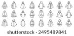 Raincoat icons set. Large set of different raincoats protecting from rain in line style