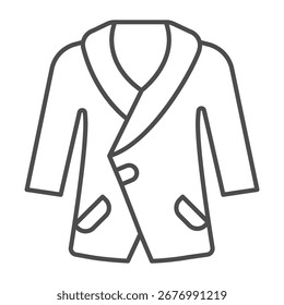 Impermeable con bolsillos y mangas icono de línea fina, concepto de ropa de otoño. Gráficos de Vector. Chaqueta para los hombres, muestra de la ropa en el fondo blanco, icono del estilo del contorno para el móvil o el Diseño web