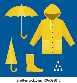 raincoat, rubber boots, open and close umbrella, raindrops, set of rainy season in flat design vector